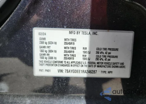 2024 Tesla Model Y из США, поврежденный, VIN 7SAYGDEE1RA246287